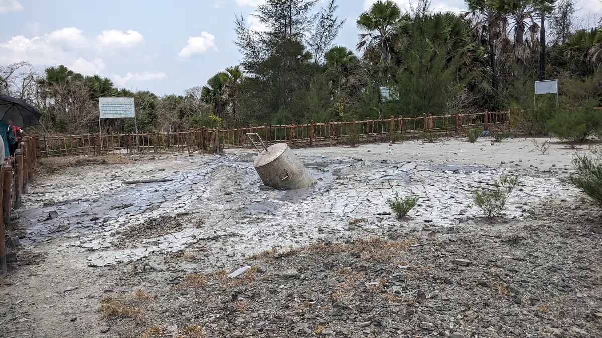 Dried cracked mud around a mud volcano on Baratang Island