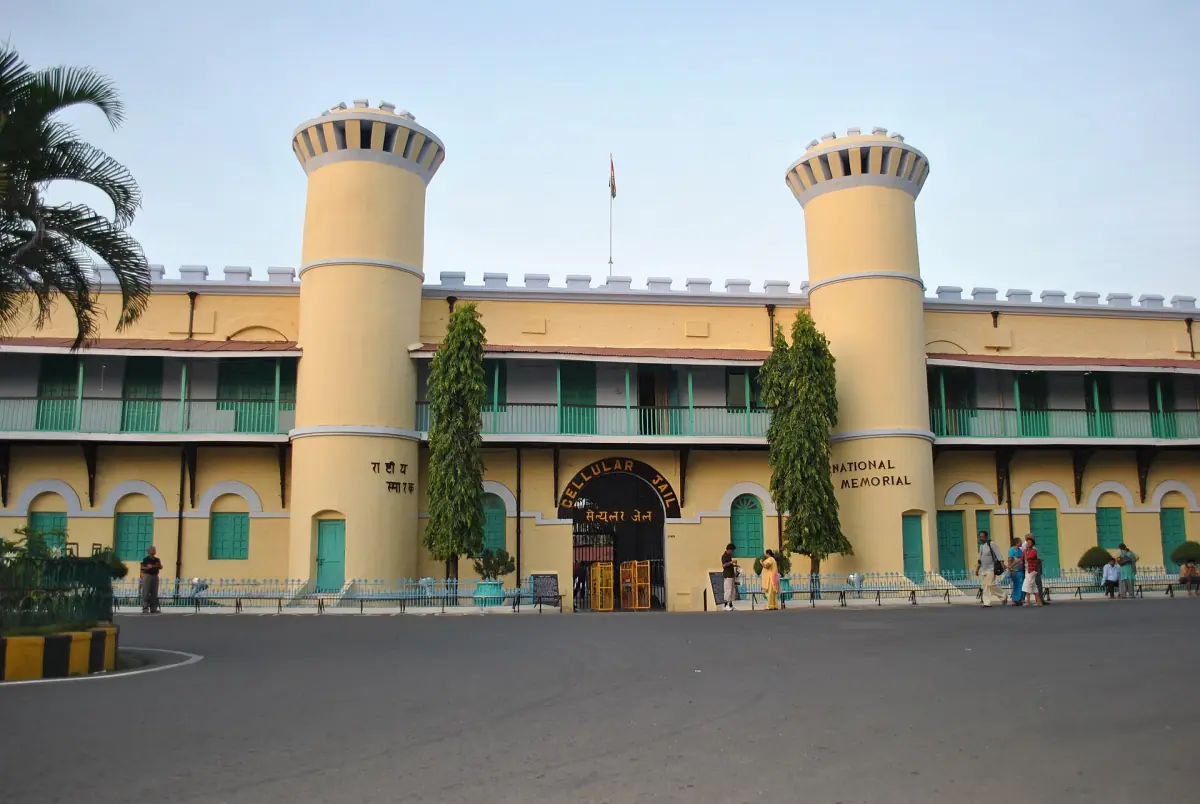 Front facade of the Cellular Jail with two towers in Port Blair