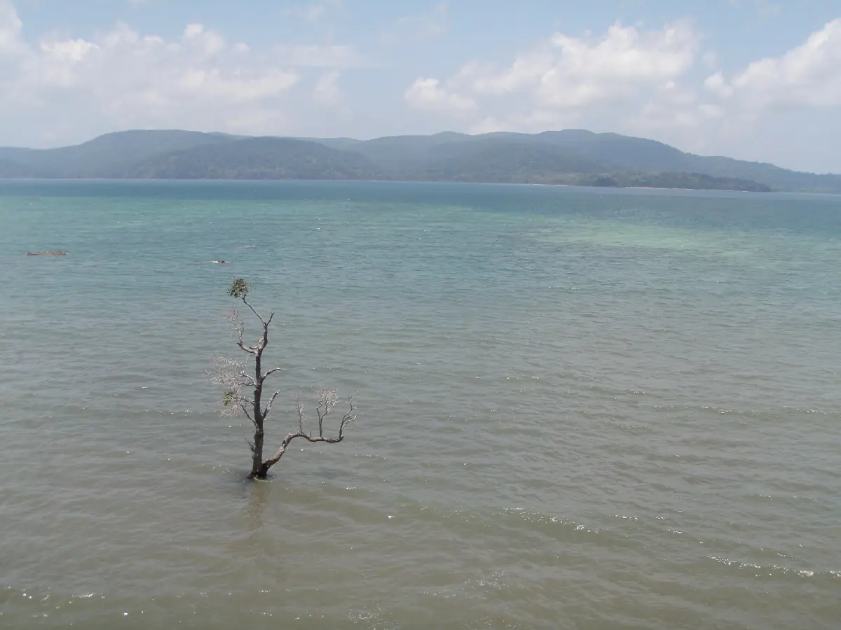 Calm sea and hazy islands seen from Chidiya Tapu