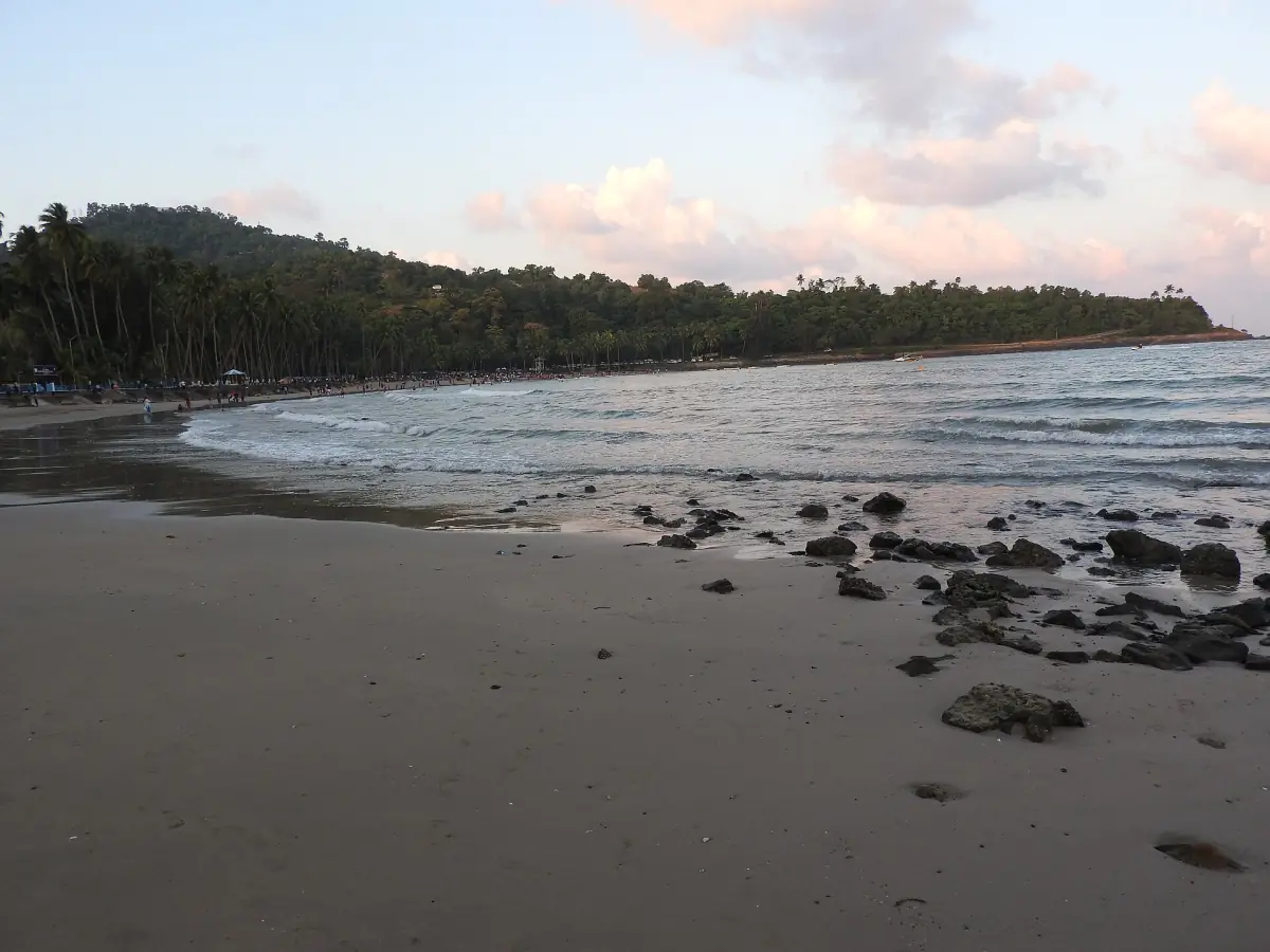 Corbyn's Cove shoreline near Port Blair with rocks and forested point