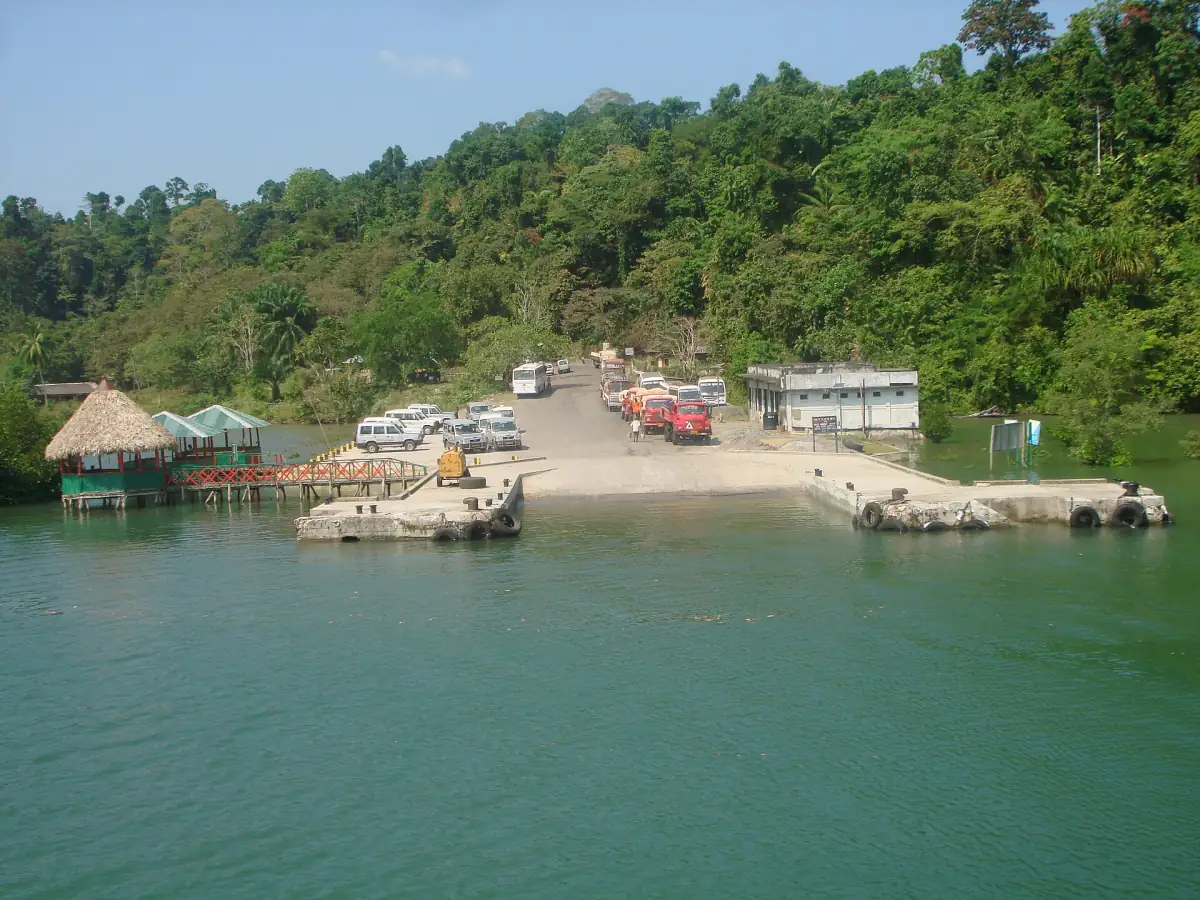 Embarcadère du ferry à Middle Strait, avec des voitures en attente près d’une forêt verdoyante