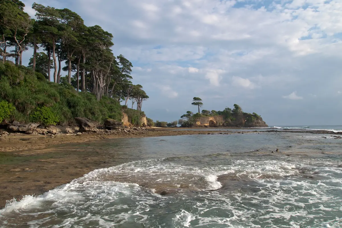 Rocky coral shore and natural bridge on Neil Island at low tide