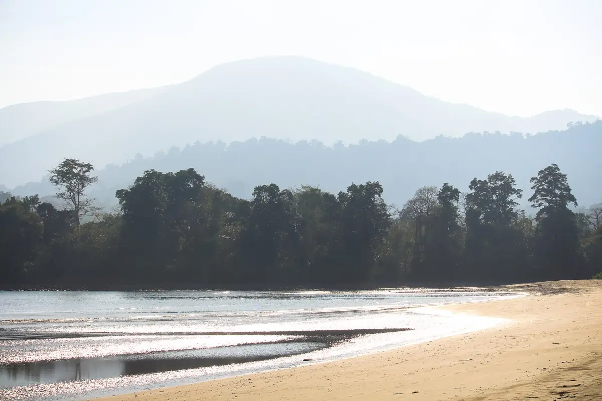 Forested ridge of Saddle Peak rising above a quiet bay in North Andaman